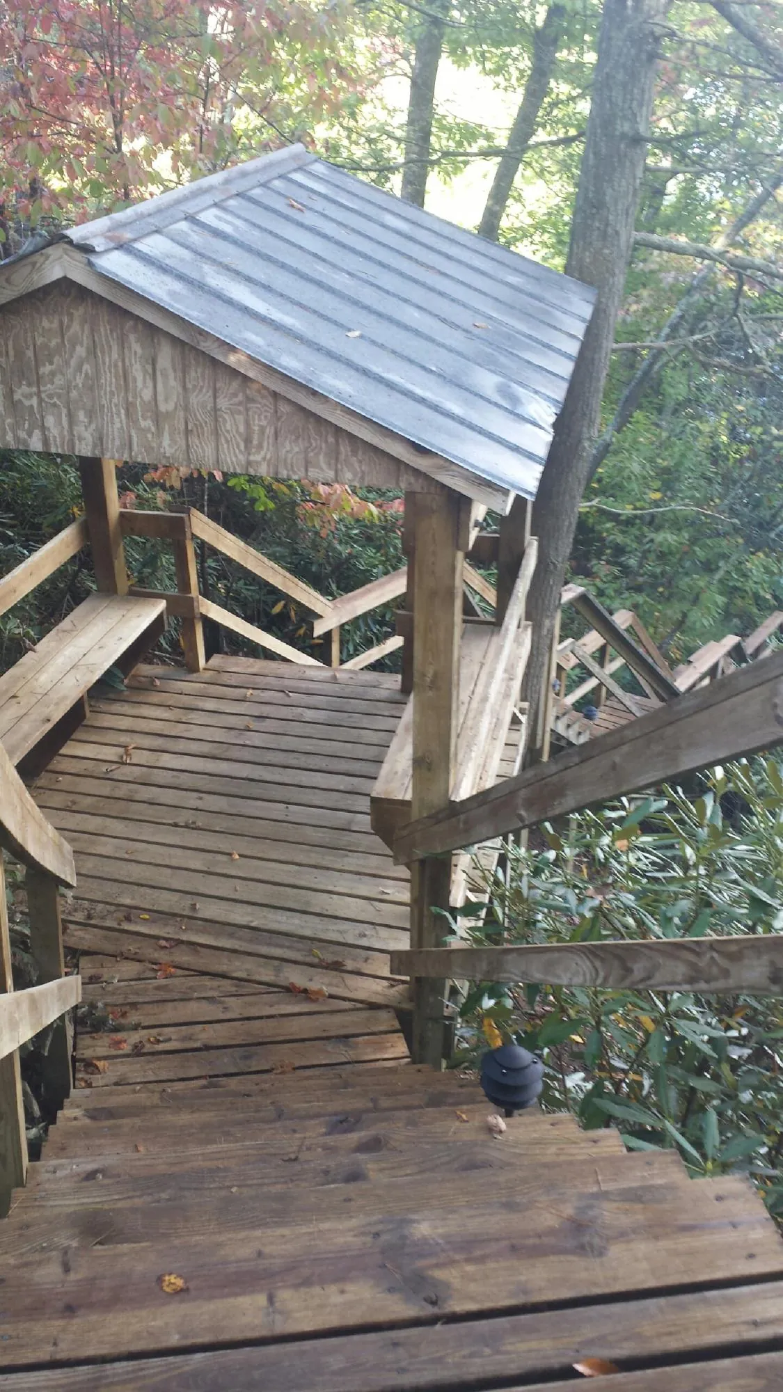 Metal roofed shelter over wooden steps on a wooded walkway — Skylight Repair & Installation work by our crew in Fenton